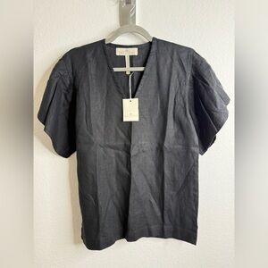 Crown Linen Designs 100% Linen Flutter Sleeve Top Black Sz XS NWT